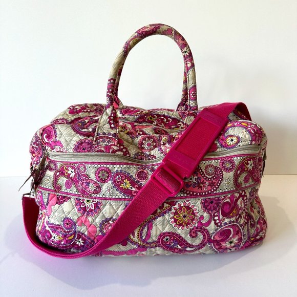 Vera Bradley Handbags - Vera Bradley Quilted Pink Floral Paisley Meets Plaid Grand Weekender Travel Bag